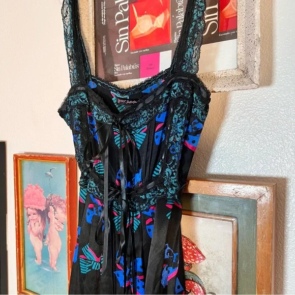 Betsey Johnson Bow Lace Trim Silk Milkmaid Dress - Picture 4 of 8